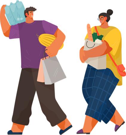 Couple coming back from grocery market  Illustration