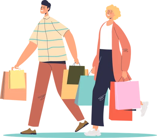 Happy Family Couple Shopping Young Cartoon Man And Woman With Shopping Bags Smiling Male And Female Characters During Seasonal Discounts And Sale Flat Vector Illustration Illustration