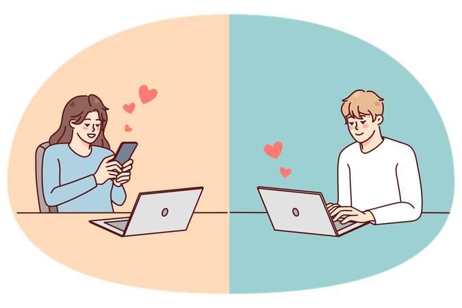 Couple communicate online with relationship on distance  Illustration