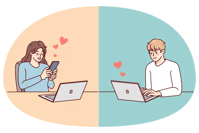 Couple communicate online with relationship on distance  Illustration