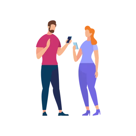 Couple communicating holding smartphone Illustration