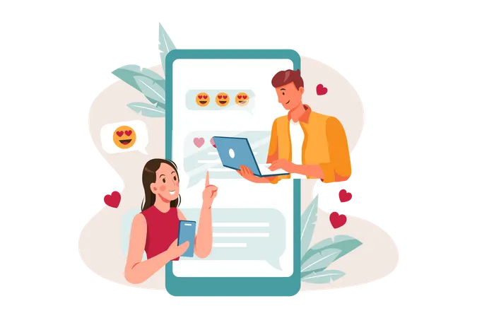 Couple communiquant en ligne sur un site de rencontre  Illustration
