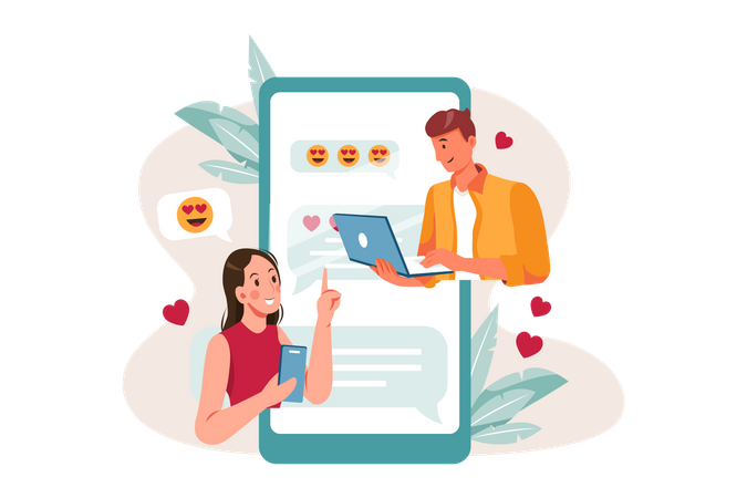 Couple communiquant en ligne sur un site de rencontre  Illustration