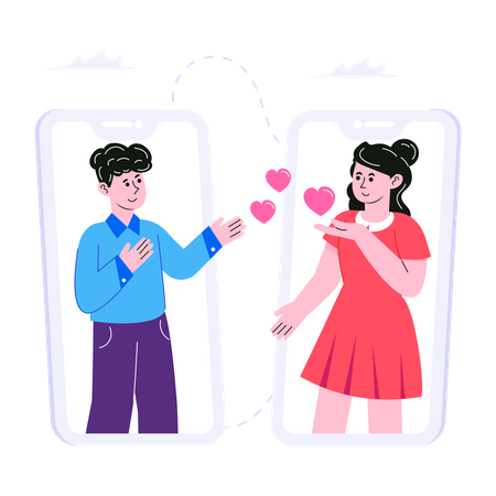 Couple communiquant en ligne via une application mobile  Illustration
