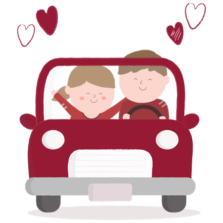 Couple conduisant une voiture avec coeur  Illustration