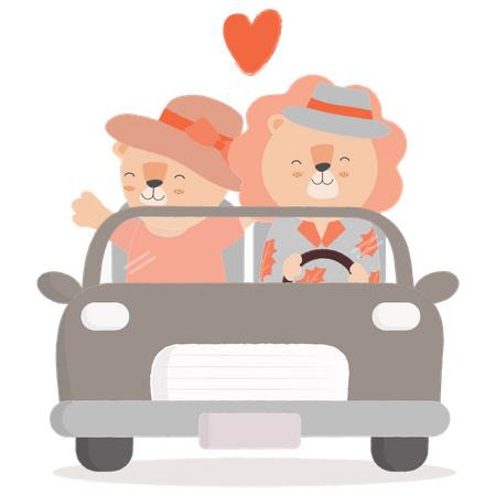 Couple conduisant une voiture avec coeur  Illustration