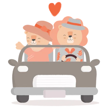 Couple conduisant une voiture avec coeur  Illustration