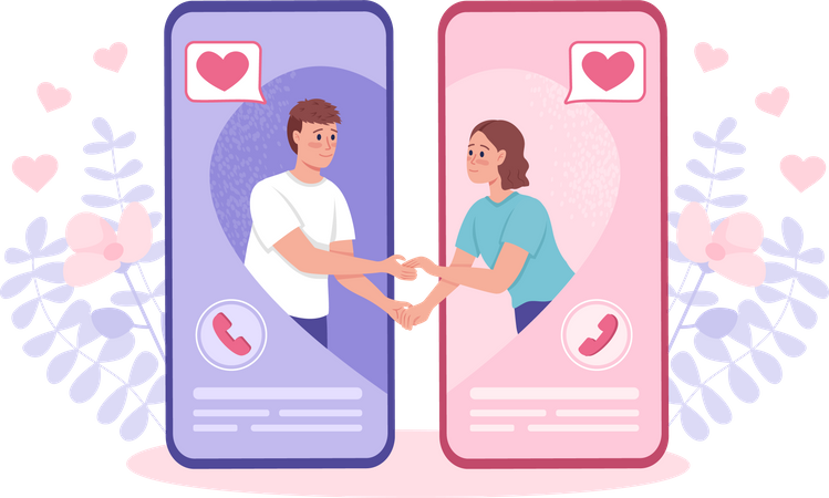 Couple connecté sur smartphone ayant une relation longue distance  Illustration