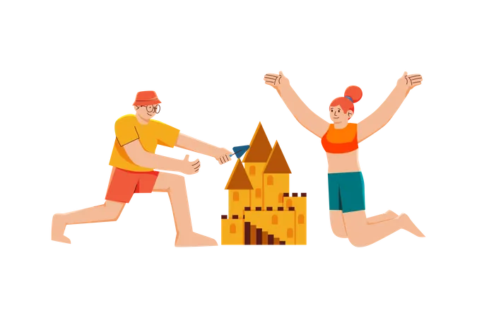 Couple construisant un château de sable  Illustration