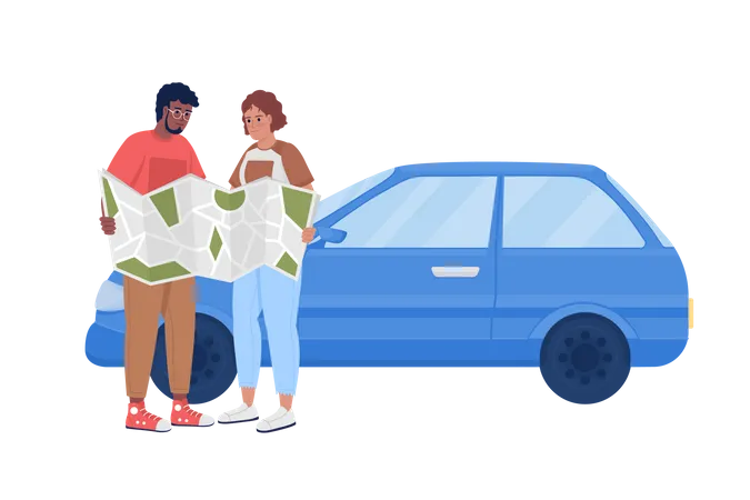 Couple Consulting Map Semi Flat Color Vector Characters Editable Figure Full Body People On White Road Trip Directions Simple Cartoon Style Illustration For Web Graphic Design And Animation Illustration