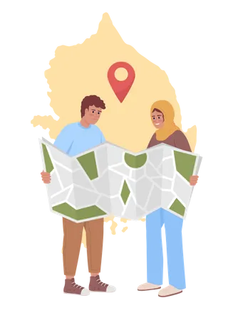 Couple consulting map in honeymoon trip  Illustration