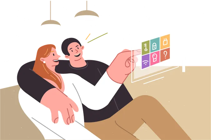 Un couple contrôle la maison intelligente assis sur un canapé tout en cliquant sur un capteur virtuel pour contrôler les appareils intelligents  Illustration