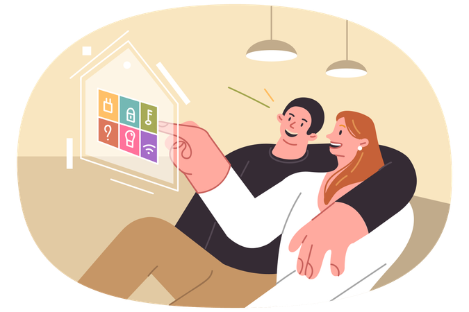 Couple controls smart home sitting on couch clicking on virtual sensor to control iot devices  Illustration