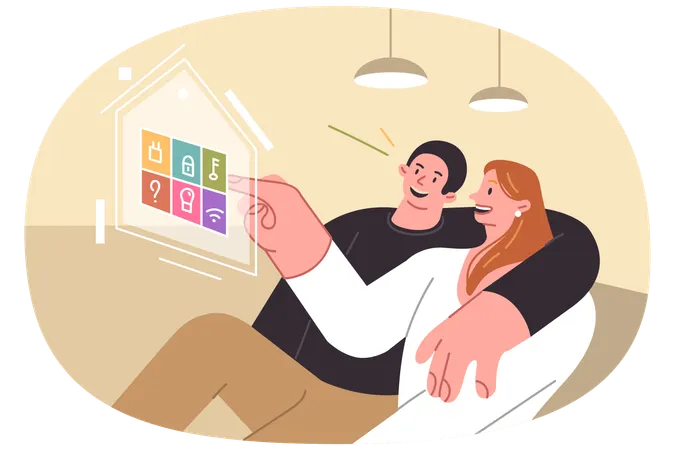 Couple controls smart home sitting on couch clicking on virtual sensor to control iot devices  Illustration