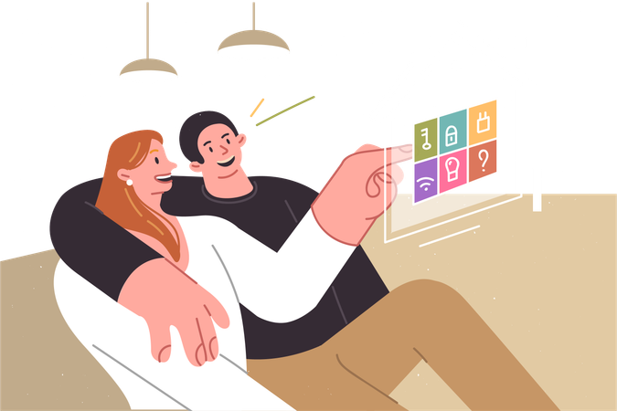 Couple controls smart home sitting on couch while clicking on virtual sensor to control smart devices  Illustration