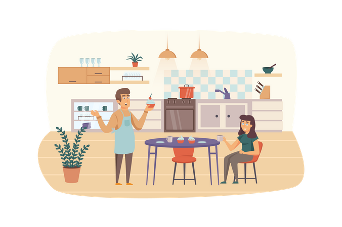 Couple cooking and eating in kitchen Illustration