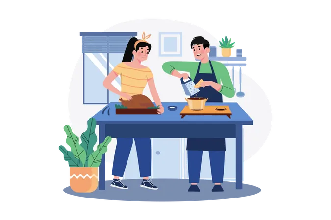 Couple cooking chicken dish together in kitchen Illustration