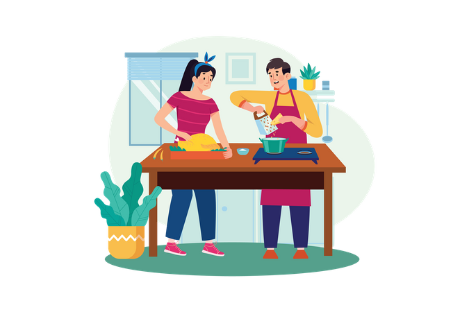 Couple cooking chicken dish together in kitchen Illustration