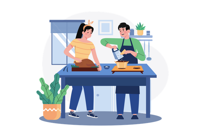 Couple cooking chicken dish together in kitchen  Illustration