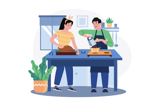 Couple cooking chicken dish together in kitchen  Illustration