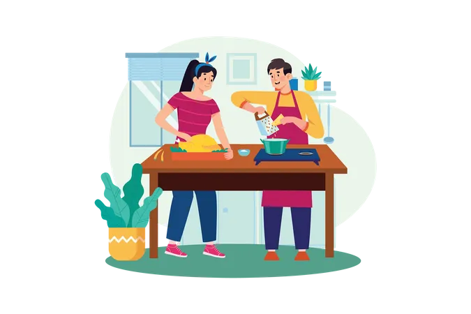 Couple cooking chicken dish together in kitchen  Illustration