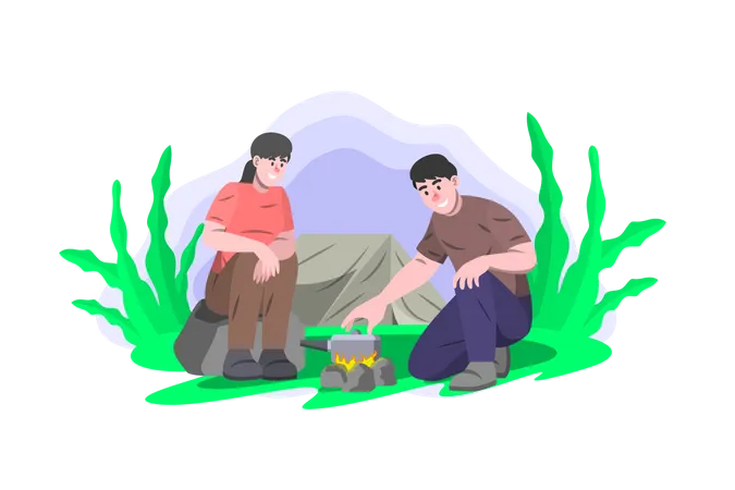 Couple cooking food at camp Illustration