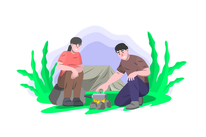 Couple cooking food at camp  Illustration