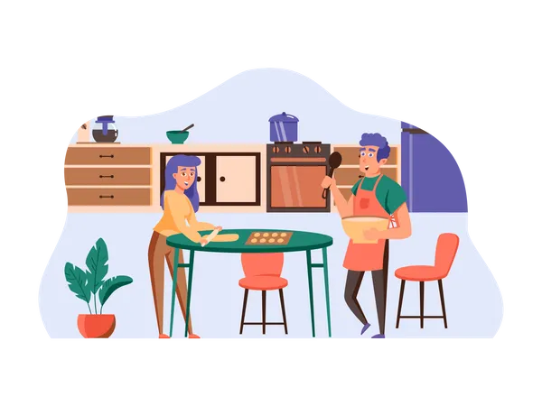 Couple cooking food together Illustration