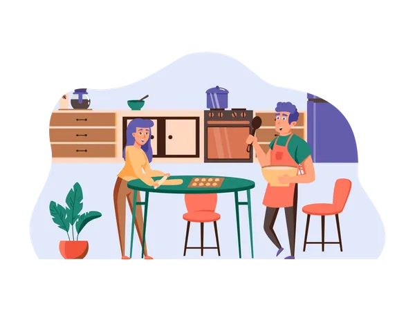 Couple cooking food together  Illustration