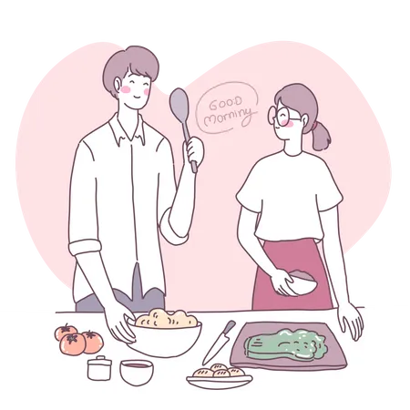 Couple cooking in kitchen Illustration