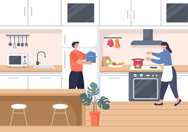 Couple cooking meal Illustration