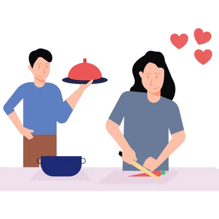 Couple cooking on Valentine's Day Illustration