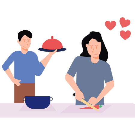 Couple cooking on Valentine's Day  Illustration