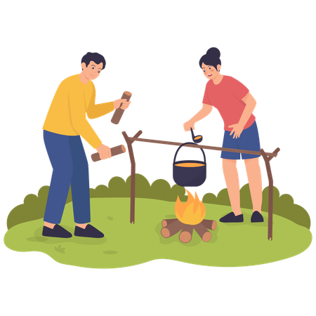 Couple cooking Over Campfire  Illustration