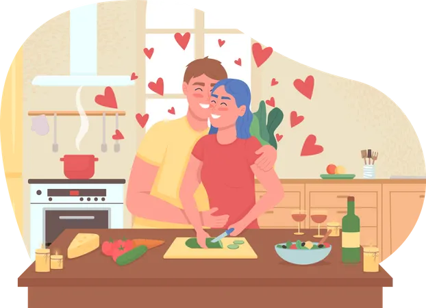 Couple cooking romantic dinner Illustration