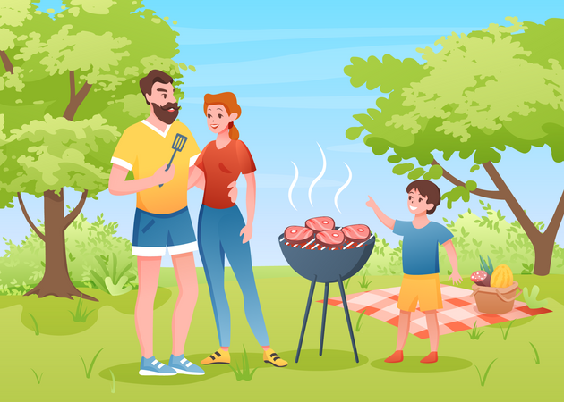 Couple cooking steak on BBQ grill  Illustration