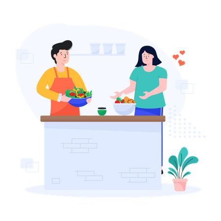 Couple Cooking Together Illustration