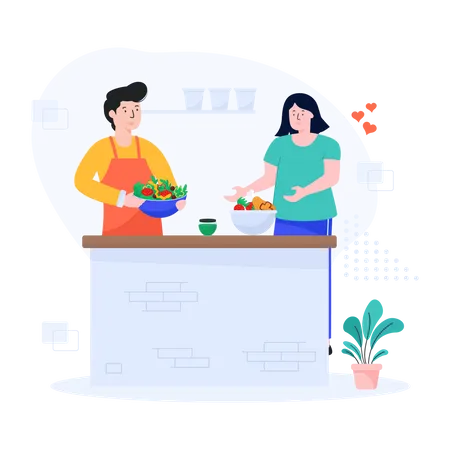 Couple Cooking Together  Illustration