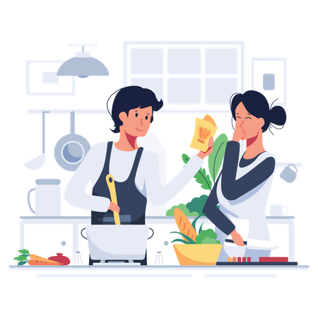Couple cooking together in kitchen Illustration