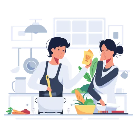 Couple cooking together in kitchen Illustration