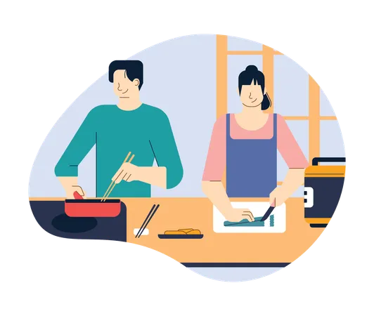 Japanese Lovers Couple Cooking Traditional Food Together Husband And Wife Making Dinner Happy Lovers At Home Flat Vector Illustration Illustration