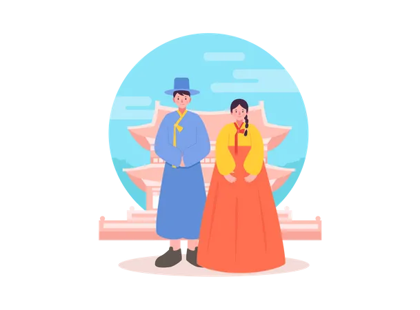 Couple coréen en vêtements traditionnels  Illustration