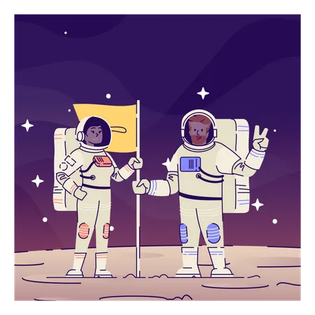 Couple cosmonaut placing flag on moon Illustration