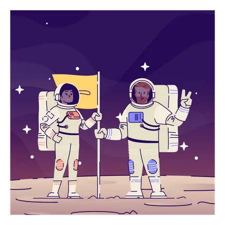 Couple cosmonaut placing flag on moon  Illustration