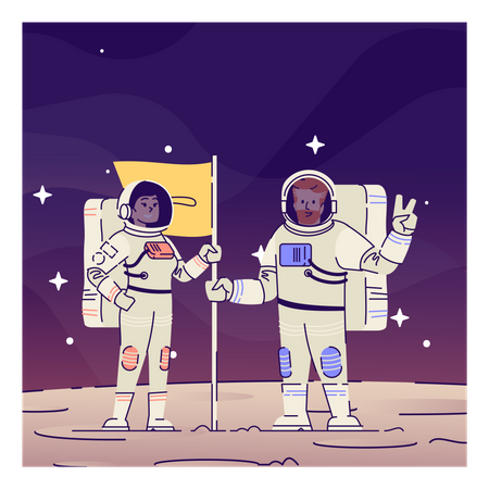 Cosmonaute de couple plaçant le drapeau sur la lune  Illustration