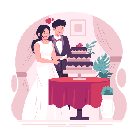 Couple coupant un gâteau le jour du mariage  Illustration