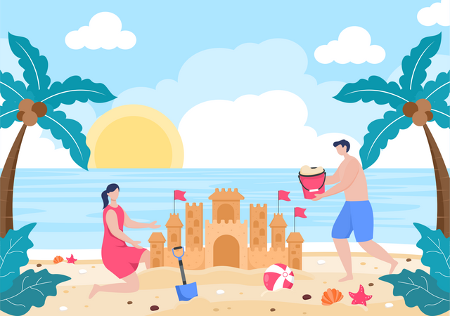 Couple créant un château de sable à la plage  Illustration