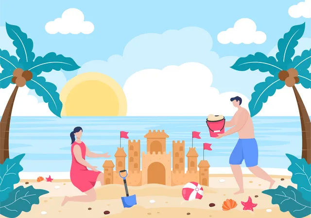 Couple Creating Sand Castle At Beach Illustration