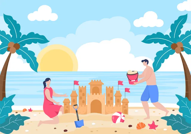 Couple Creating Sand Castle At Beach  Illustration