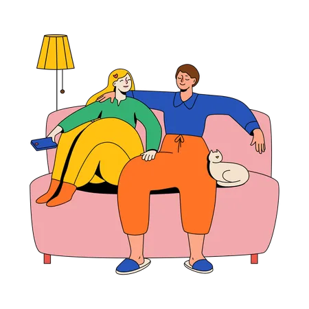 Couple Cuddling On A Soft Couch  Illustration